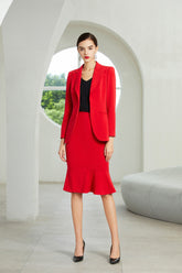 Red V-Neck Fishtail Skirt Suit - FashionByTeresa
